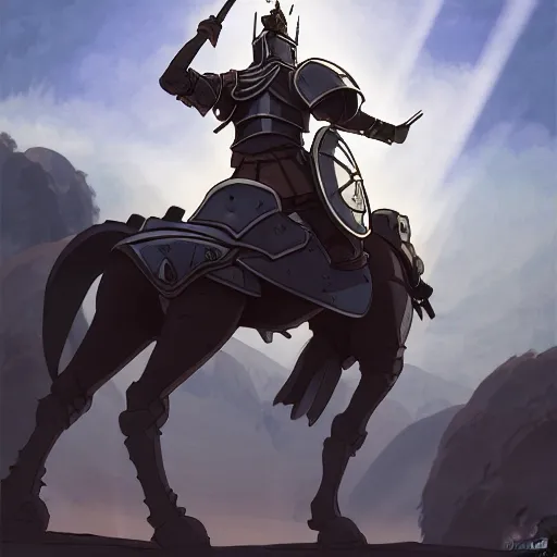 Image similar to illustration of a mounted knight, strong chest, wearing full plate armor, powerful black horse, artstation, detailed cartoon, elegant, digital painting, concept art, smooth, sharp focus, illustration, ghibli, makoto shinkai, don bluth, fujita goro, jean giraud, akihiko yoshida, tom whalen 8 k