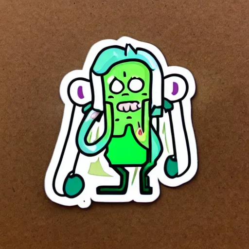 Image similar to a pickle-rick, svg sticker, vector art, wearing headphones, jamming to music