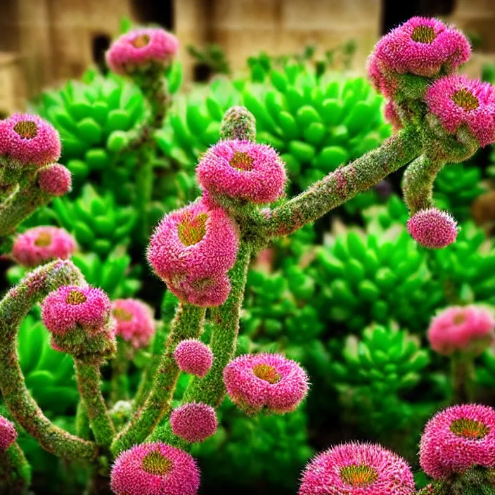 Prompt: hyper realistic, high detail photo of flowering succulent in garden of ancient babylon, beautiful, dreary lighting