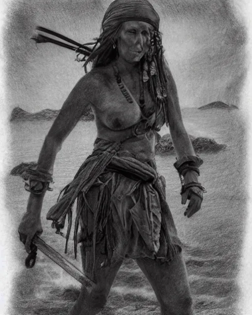 Image similar to A beautiful woman warrior, faded background of a pirate ship at a deserted island, realism pencil drawing on white paper, bald lines