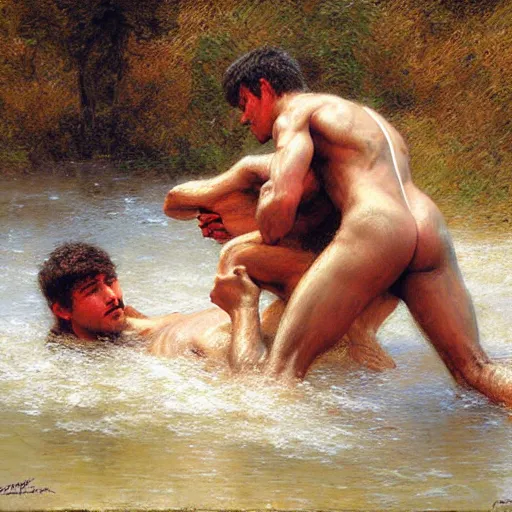 Prompt: young shepherds wrestling by a river, playful, male, muscular, detailed face, gorgeous, amazing, muscular, intricate, highly detailed, painting by Gaston Bussiere, Craig Mullins