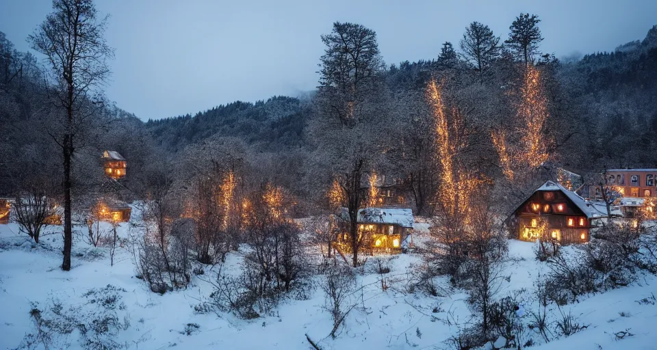 Image similar to an eerie abandoned village in the black forest at midnight illuminated by christmas lights