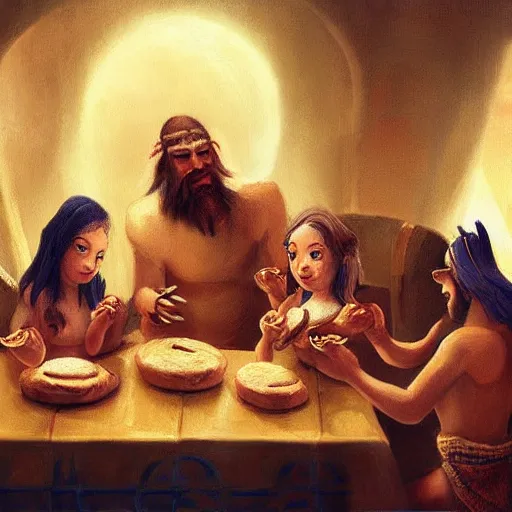 Prompt: a family of sumerians eating bread around a table, trending on pixiv, digital art, detailed, hd, cinematic, low ambient light