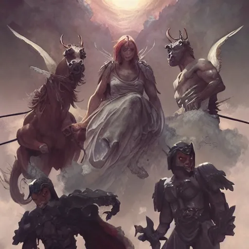 Prompt: four horsemen of the apocalypse, digital art, by Fernanda Suarez and and Edgar Maxence and greg rutkowski