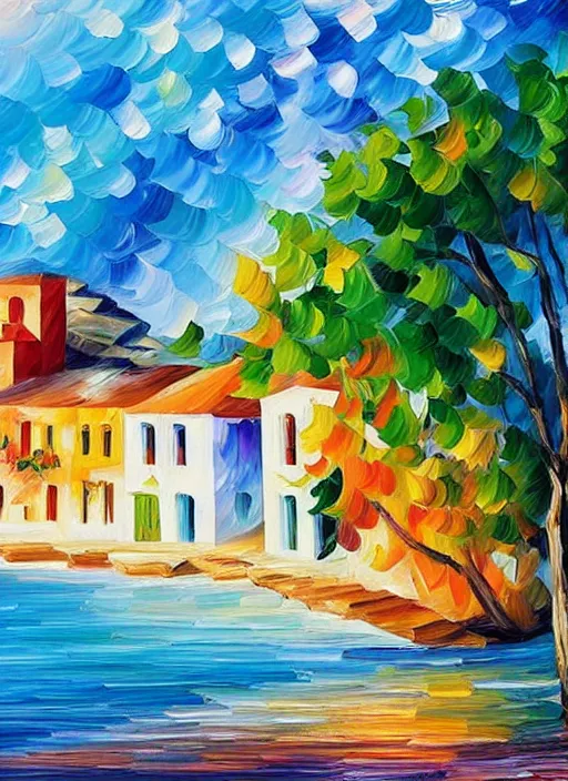 Image similar to beautiful seaside greek village in the style of leonid afremov