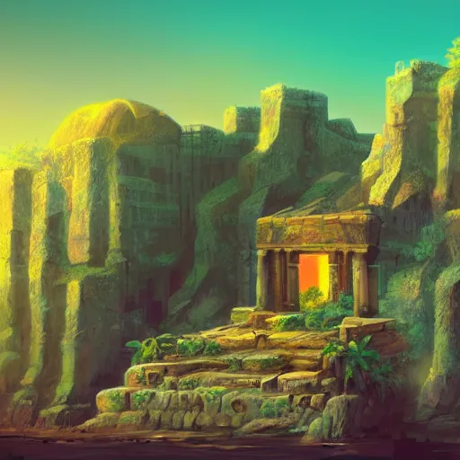 Prompt: ancient ruins in a canyon, retrowave epic art, trending on art station