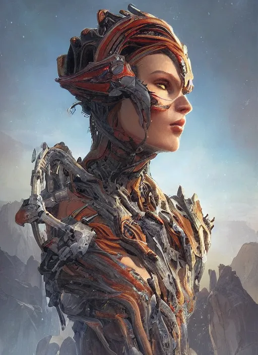 Image similar to asymmetrical!! portrait of an alien with large tubes in face in the style of, machine face, intricate, elegant, highly detailed, digital painting, artstation, concept art, smooth, sharp focus, illustration, art by artgerm and greg rutkowski and alphonse mucha, horizon zero dawn 8 k