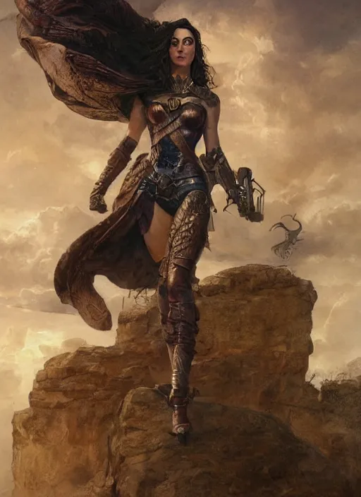 Image similar to highly detailed steampunk gal gadot standing on a boulder : leonardo da vinci, greg rutkowski, magali villeneuve