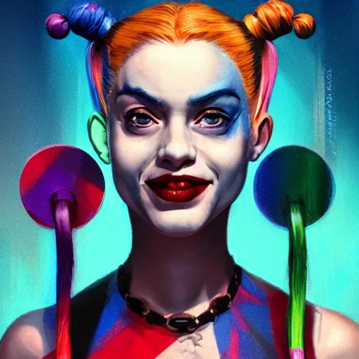 Image similar to Portrait of Harley Quinn but she's a beautiful ape-girl with long pony tails on either side of her head, illustration, by James Jean, artgerm, octane render, by John Coltrane and Marc Simonetti, Manic, inspired by Greg rutkowski, black background, kinemacolor, colorful, high detail of the face, full body
