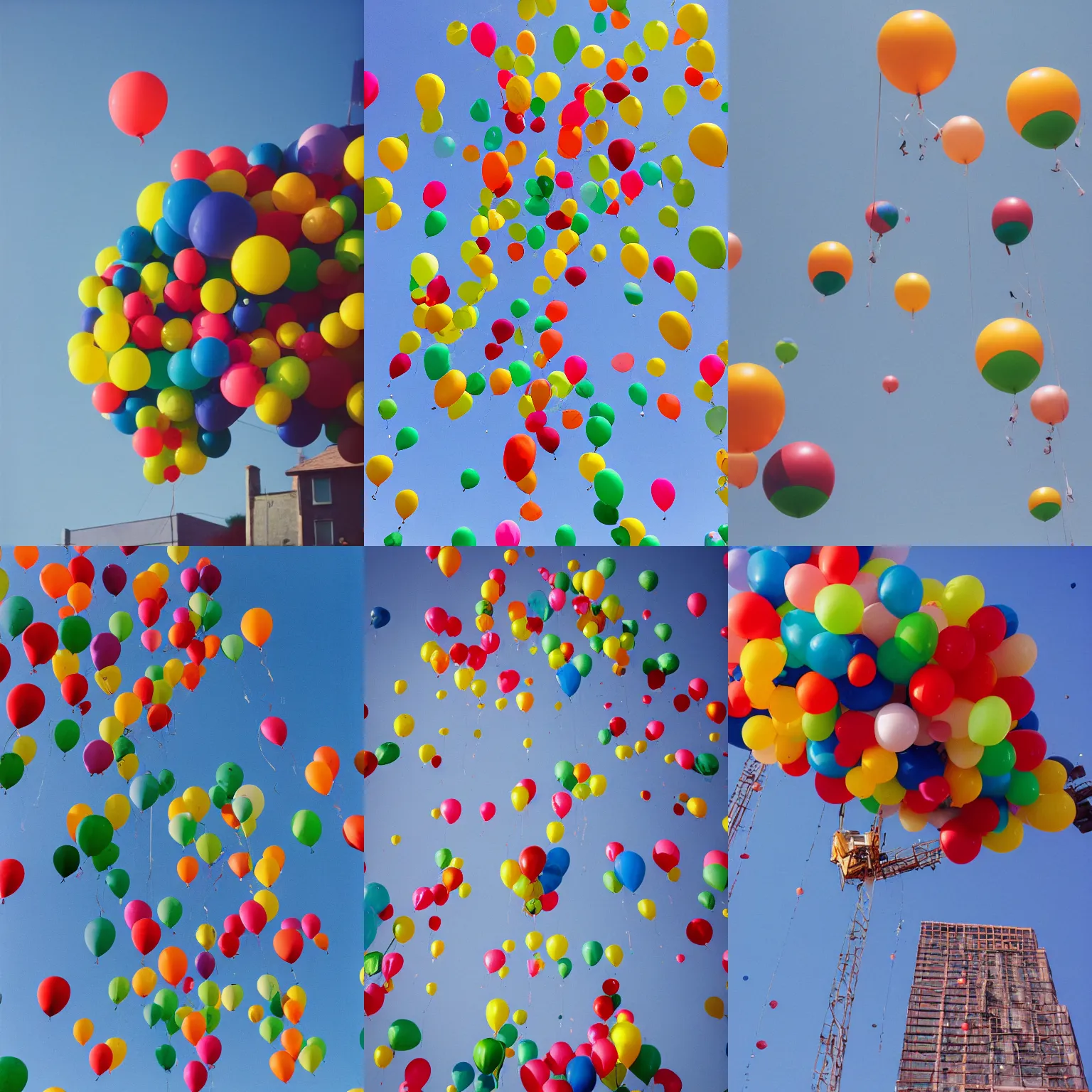 Prompt: house being lifted up into the sky by hundreds of multi - color balloons, floating high above the ground, film grain, panasonic lx 5, 2 0 0 0 s photo