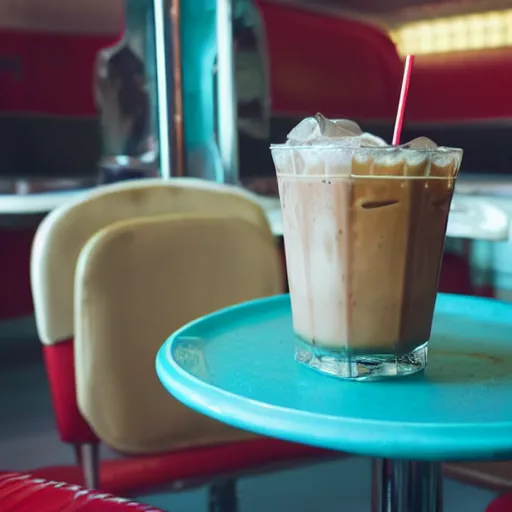 Image similar to iced latte in a 50s diner, photography, 50s theme