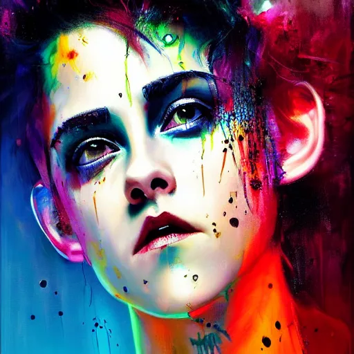 Prompt: cyberpunk goddess, black hair, side portrait, striking, defiant, spotlight, vibrant colors, paint splash, beautiful eyes, kristen stewart, by marco paludet and gianni strino and marion bolognesi