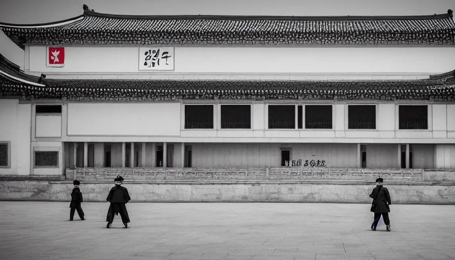 Image similar to 2010s movie still of empty north-korean royal restaurant palace, Leica SL2 50mm, heavy grain, high quality, higly detailed