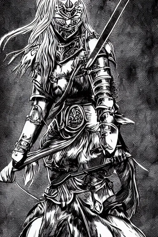 Prompt: A beautiful female warrior with a sword and shield overlooking a grand battlefield in the style of berserker by Kentaro Miura, manga, black ink,