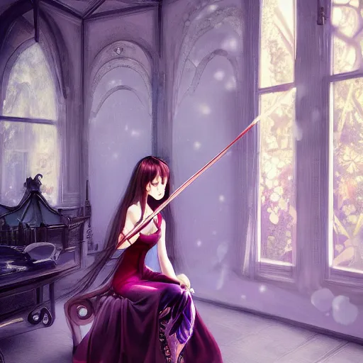 Image similar to beautiful sorceress dressed in a silk dress playing violin inside a japanese mansion, trending on artstation