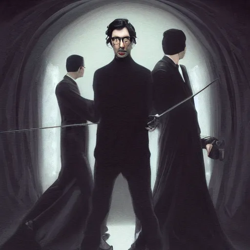 Prompt: painting of both john oliver and adam driver together, john oliver, adam driver, full body, elegant, beautiful, highly detailed, centered, dark, smokey, digital painting, concept art, smooth, sharp focus, illustration, deviant art, art by greg rutkowski, karol bak and peter mohrbacher