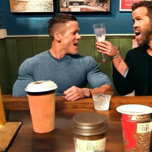 Prompt: john cena and ryan reynolds having a drink in a local coffee shop in the style of a sitcom