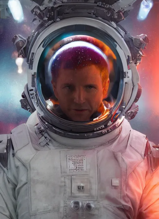 Image similar to complex poster by craig mullins astronaut in futuristic dark and empty spaceship underwater. infrared glowing lights. complex and hyperdetailed technical pink suit. reflection and dispersion materials. rays and dispersion of light. volumetric light. 5 0 mm, f / 3 2. noise film photo. flash photography. unreal engine 4, octane render. interstellar movie art