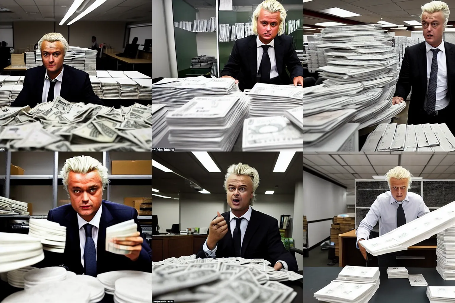 Prompt: geert wilders in an industrial office space counting stacks of dollar bills while surrounded by heaps of white powder