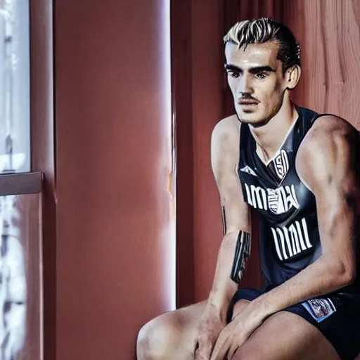 Image similar to a realistic detailed photo of a guy who is an attractive humanoid who is half robot and half humanoid, who is a male android, soccer player antoine griezmann, shiny skin, posing like a statue, blank stare, in a living room, on display, showing off his muscles