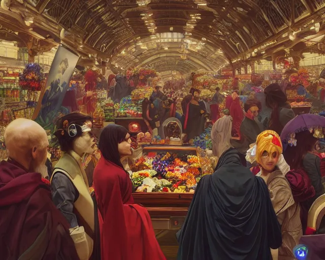 Prompt: a funeral in a supermarket, photography of kurzgesagt, deep focus, d & d, fantasy, intricate, elegant, highly detailed, digital painting, artstation, concept art, matte, sharp focus, illustration, hearthstone, art by artgerm and greg rutkowski and alphonse mucha