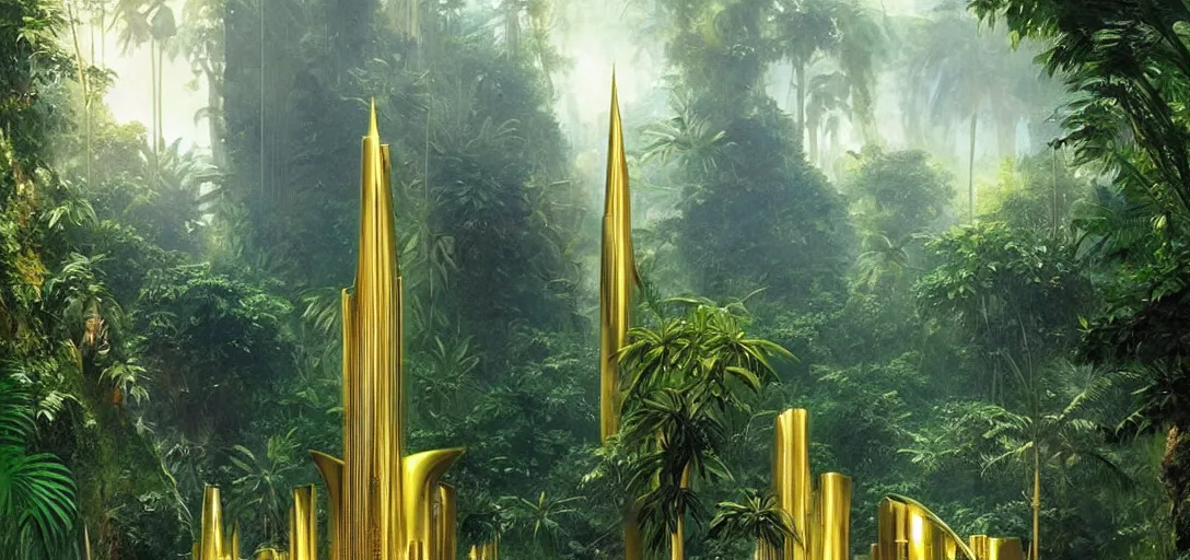 Image similar to futuristic shinny golden building in an jungle landscape of a biopunk city by bouguereau, movie poster, film still