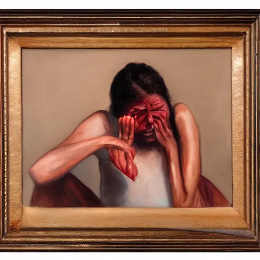 Prompt: Woman in pain after stubbing her toe badly, hurting, oil painting, photorealism