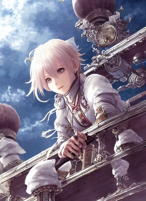 Image similar to character portrait of the white herald on the deck of an imperial airship in the sky, hidari, color page, tankoban, 4K, tone mapping, Akihiko Yoshida.