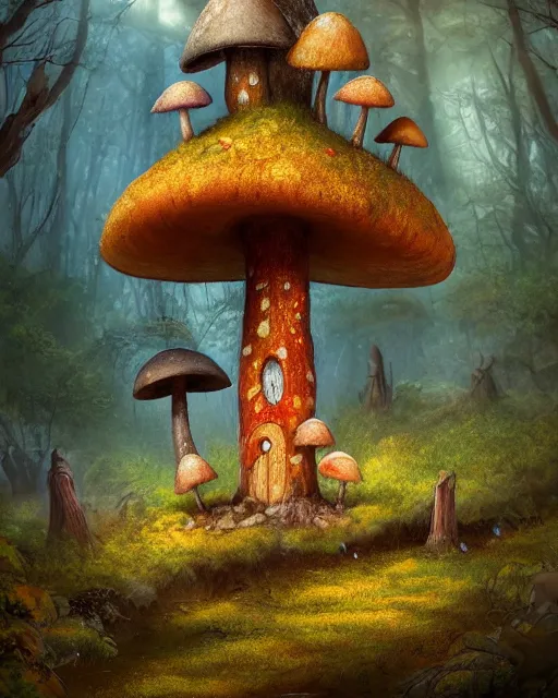 Prompt: a tall cute mushroom house in a magical forest in autumn, curious rabit, cinematic, stunning, adorable, artstation, smooth, hard focus, illustration, art by jessica rossier and and brian froud