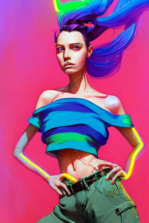 Image similar to a award winning portrait of a beautiful woman with stunning eyes in a one off shoulder croptop and cargo pants with rainbow colored hair, outlined by whirling illuminated neon lines and fine lines swirling in circles by jesper ejsing and rhads and makoto and shinkai and lois van baarle, digital art, trending on artstation