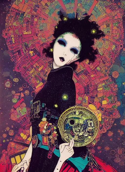 Image similar to cute punk goth fashion fractal cosmonaut girl by Zhang Jingna, punk poster art by Victor Moscoso Dan Mumford Kilian Eng Hannah Jeffrey Smith Rick Griffin Alphonse Mucha Gustav Klimt Ayami Kojima Amano Charlie Bowater