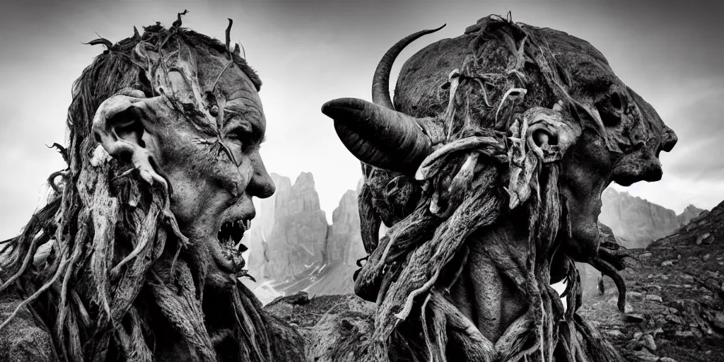 Prompt: historical sharp 4 k photograph of a tyrolean farmer turning into a grotesque monster with goathorns and roots growing from his face, dolomites in the background, dark, eerie, grainy
