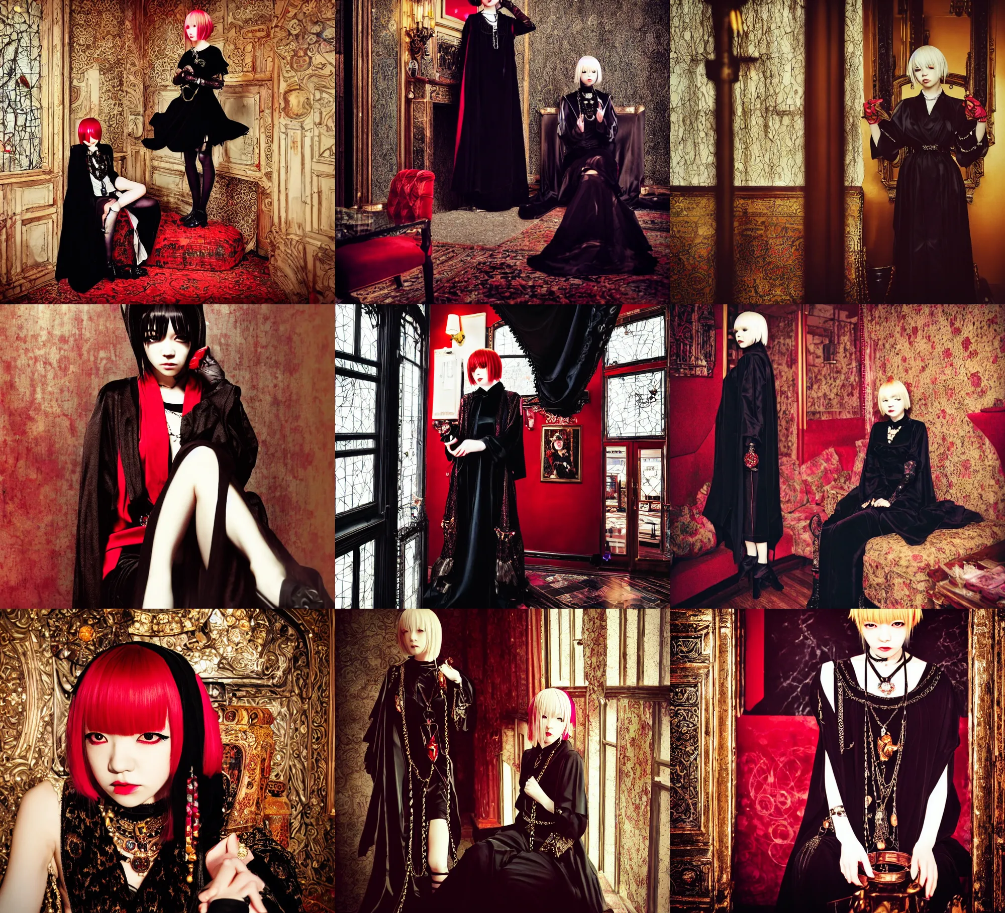 Prompt: lomography, full body portrait photo of women like reol from a distance as a warlock wearing ornate gems and black robe sitting in a victorian cafe interior, moody, realistic, dynamic perspective pose, skin tinted a warm tone, hdr, rounded eyes, detailed facial features, red black gold