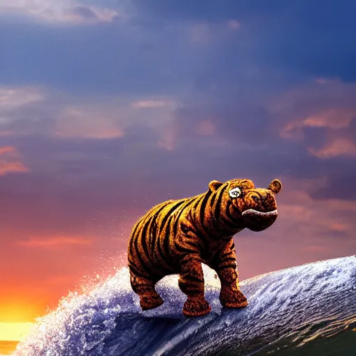 Image similar to a closeup photorealistic photograph of a cute smiling knitted tiger hippopotamus riding a wave at sunset. surf in background. professional capture. brightly lit scene. this 4 k hd image is trending on artstation, featured on behance, well - rendered, extra crisp, features intricate detail, epic composition and the style of unreal engine.