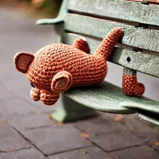 Prompt: A crocheted cat on a park bench, handmade, natural lighting, photography style, extremely detailed, trending on Pinterest