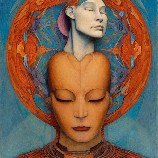 Image similar to the robot queen with her bird mask, by annie swynnerton and diego rivera and elihu vedder and jean delville, symbolist, dramatic lighting, elaborate geometric ornament, head and shoulders view, art brut, soft cool colors, smooth, sharp focus, extremely detailed, adolf wolfli, leo and diane dillon, nicholas roerich