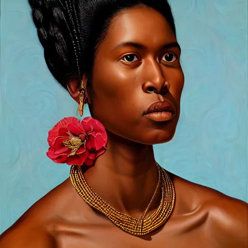 Image similar to A portrait of a thin trendy and gorgeous non-binary person, dark skin tone, Maori people, oil painting by Kehinde Wiley, majestic, detailed, high resolution