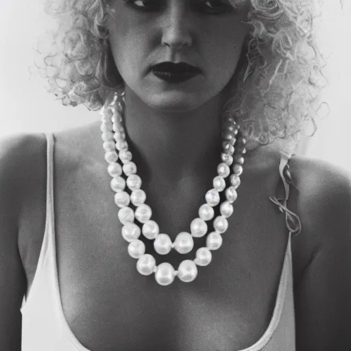 Image similar to symmetrical human portrait of lisa simpson with pearl necklace and with blonde curly hair, grainy high contrast black and white photography photo print ilford warm tone