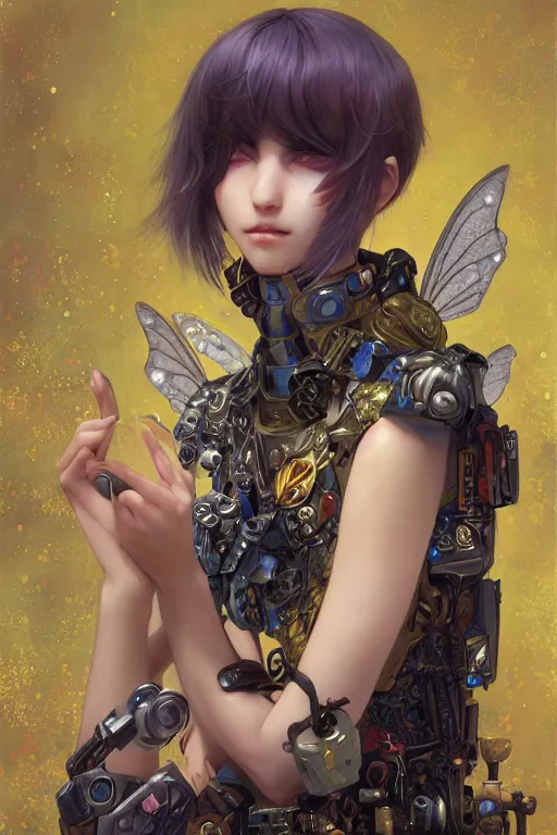 Image similar to portrait of beautiful young golbin fairy, cyberpunk, Warhammer, highly detailed, artstation, illustration, art by Gustav Klimt and Range Murata and Ilya Kuvshinov and Sakimichan