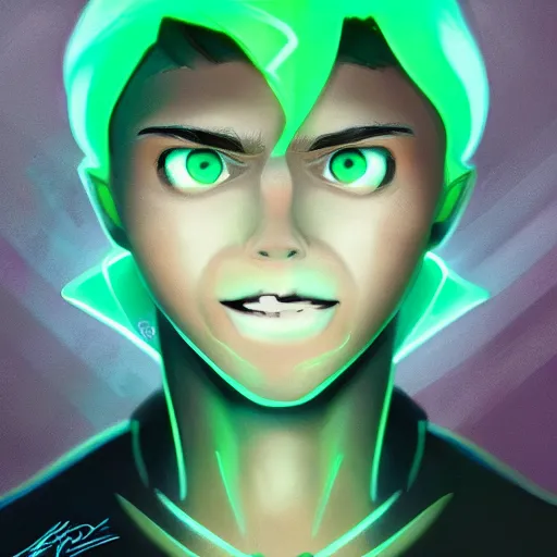 Image similar to a digital matte intricate smiling face illustration concept art, young danny phantom with glowing green eyes cute alt art fashion inspired by charlie bowater and wlop and mark arian and ross tran + neon colors, symmetry, intricate complexity, epic composition, magical atmosphere, highly detailed, cinematic lighting + masterpiece, trending on artstation + 8 k