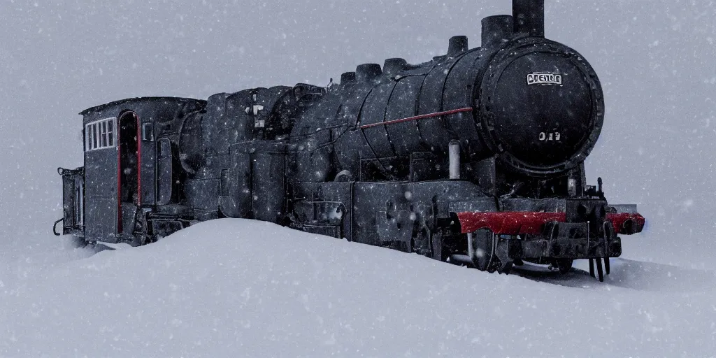 Prompt: a high detail photograph of a heavy steam train in the snow under a blizzard, realism, 4 k, award winning photograph, octane render, bloom, night, fog, high details