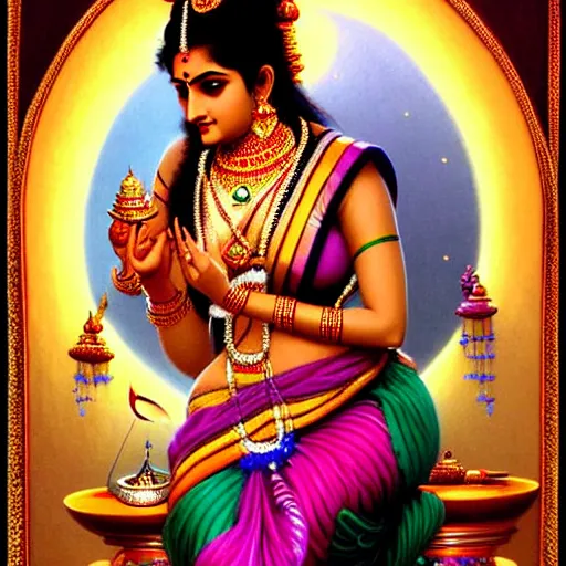 Image similar to seductive lakshmi, laxmi Indian Goddess in a sensual pose, sci-fi, fantasy, intricate, beautiful, elegant, attractive, indian goddess of wealth, highly detailed, digital painting, artstation, masterpiece, concept art, smooth, sharp focus, art by artgerm, hajime sorayama, William-Adolphe Bouguereau and greg rutkowski