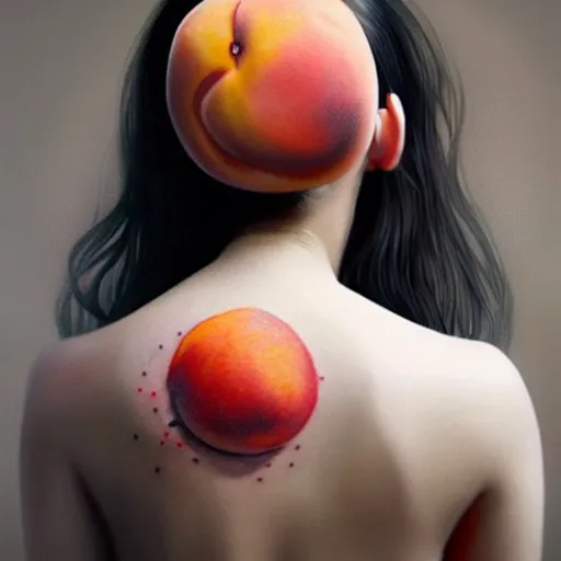 Image similar to Beautiful clothed woman holding a peach, seen from the back, intricate tatoos, digital art by WLOP and Artgerm