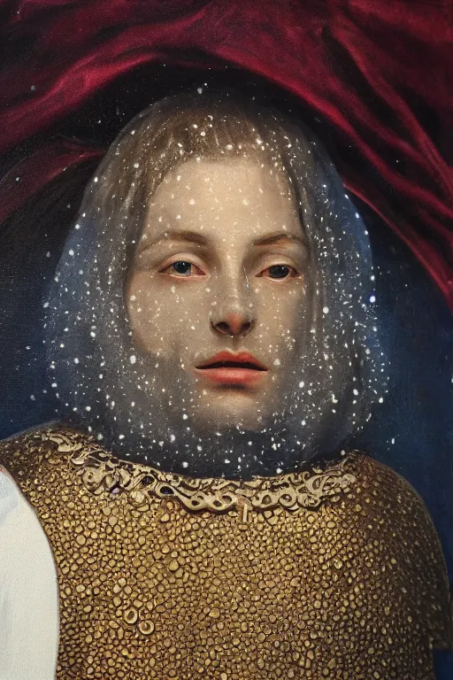 Image similar to hyperrealism oil painting, close - up portrait of face hiding in stingray medieval fashion model, knight, steel gradient mixed with nebula sky, in style of baroque mixed with 7 0 s book art