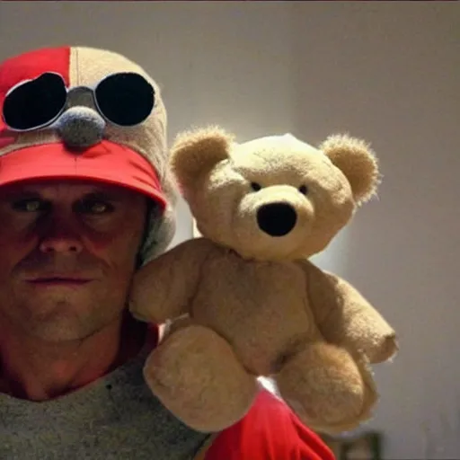 Prompt: Johnny Knoxville as a teddy bear, shoot out of a cannon, reality TV, landscape