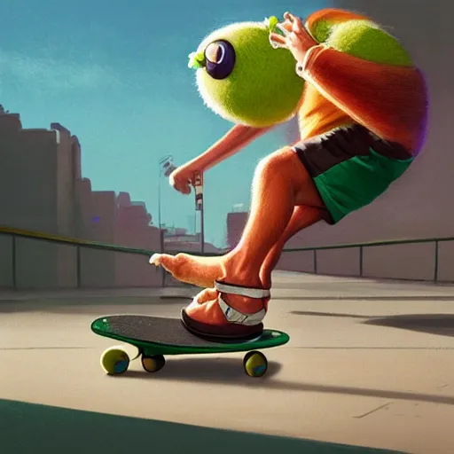 Image similar to highly detailed vfx portrait of a character of a tennis ball monster skateboarding on a skateboard stephen bliss, chalk, unrealengine, greg rutkowski, loish, rhads, beeple, chalk, makoto shinkai and lois van baarle, ilya kuvshinov, rossdraws, tom bagshaw, basil gogos