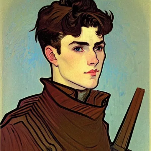 Prompt: portrait painting of young adult handsome human knight with short on the sides messy pompadour dark brown hair and blue eyes and strong jawline and small scar! under one eye named vidar, wearing armor!!, modest, masculine jawline!, squarish face shape, slightly round chin, art by alphonse mucha, vincent van gogh, egon schiele