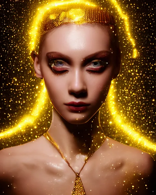 Image similar to pearl skinned dancer, golden droplets on her face, chessboard pattern clothes, full body picture, crystal eyes, perfect face, atmosphere, glowing, radiant, dancing in the mud, cinematic lighting, high quality, perfect, 8 k high detail, masterpiece, trending on artstation, by ken wong