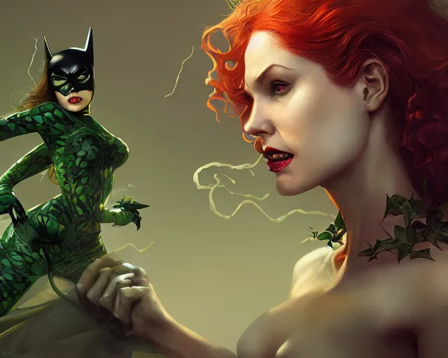 Prompt: poison ivy and Batman battle, illustration, artstation, cinematic lighting, hyperdetailed, cgsociety, 8k, high resolution, Charlie Bowater, Tom Bagshaw, Norman Rockwell, insanely detailed and intricate, prison background