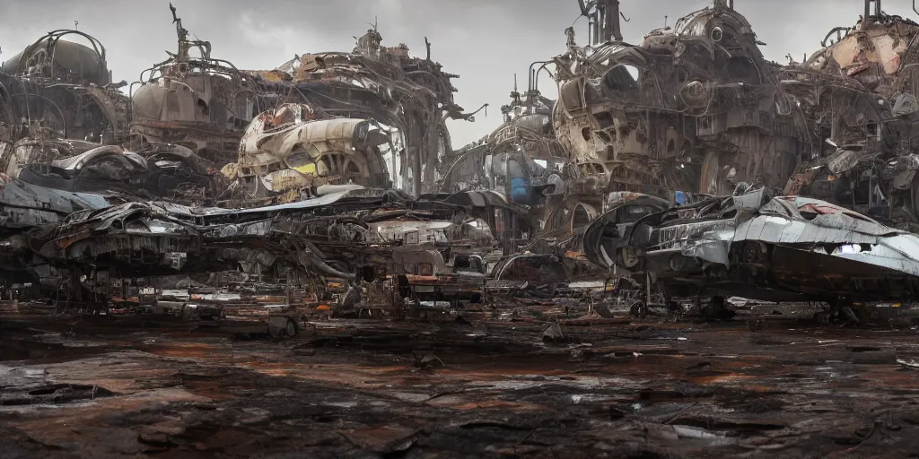 Prompt: 4 k rendered unreal 5 image of a space ship scrap yard with lots of broken and damaged spaceships all coroded and rusted, wet puddles reflecting